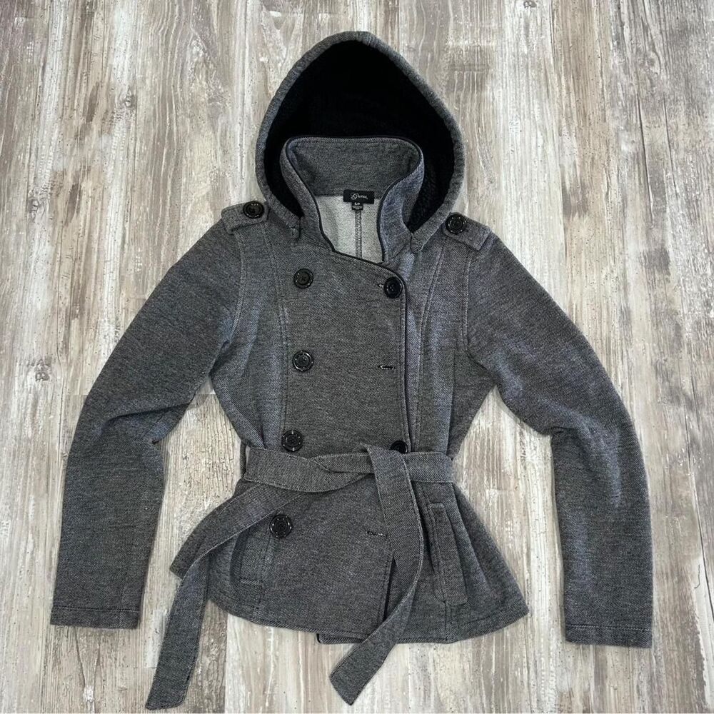 Guess Women's chic y2k military-inspired gray peacoat w/ sherpa black hood + bel
